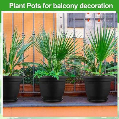 12 Pack 8+'' Plastic Plant Pots Round Planter Pots with Saucer Tray Seedling Pot Hole Seed Resin Plant Pot Starting Nursery Flower Container with Pallet for Garden Outdoor Indoor(Black)