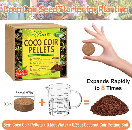Riare 100 Pcs 50mm Organic Coco Coir Seed Starter Soil, Compressed Coconut Coir Potting Soil Mix for Seed Starting, Coconut Fiber Pellet for Planting Indoor & Outdoor Plants, Vegetables, Garden