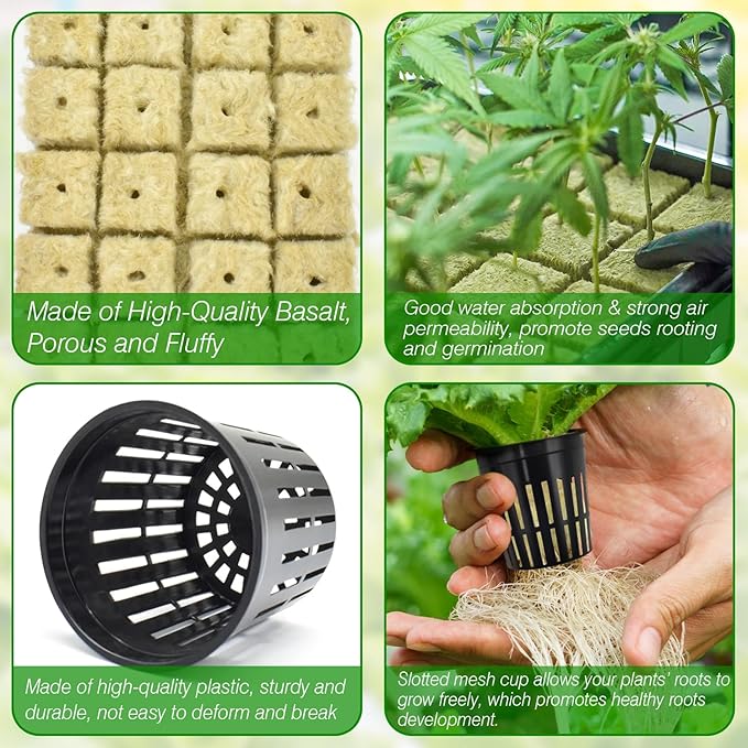 Halatool 144PCS 1.2-Inch Rockwool Cubes with 120PCS 2-Inch Net Cups for Hydroponics Great Hydroponic Kit for Cuttings Clone Plant Propagation Seed Starting & Soilless Cultivation