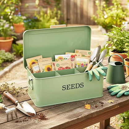 Seed Storage Organizer with 4 Dividers,Metal Seed Saving Box with Lid, Seeds Bin Storage Container Kit with 2 Pens,20 Plant Labels and 50 Seeds Envelopes, Perfect for Flower Plants Garden
