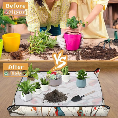 Pardick Large Repotting Mat for Indoor Plant 39.4"x39.4" Colorful Birds Soil Change Mat Waterproof Planting Tray Foldable Succulent Potting Mat Gardening Gifts for Women Men Plant Lovers