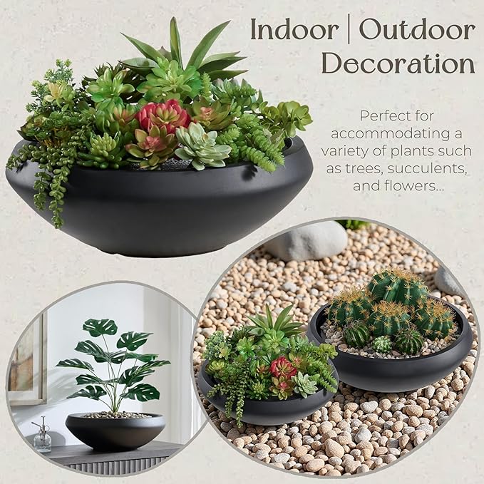 Large Bowl Planter, 23.3"Dia x 8"H Succulent Pot with Drain Hole, 21"Opening Flowerpot for Herbs, Bonsai, and Shallow-root Plants, Concrete Planters for Indoor Outdoor Garden, Patio Decor, Large-Black