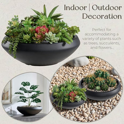 Large Bowl Planter, 23.3"Dia x 8"H Succulent Pot with Drain Hole, 21"Opening Flowerpot for Herbs, Bonsai, and Shallow-root Plants, Concrete Planters for Indoor Outdoor Garden, Patio Decor, Large-Black