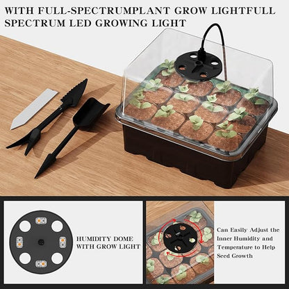 NBPLUS Seed Starter Tray with Grow Light, 5 Pack 60 Cells Seed Starter kit with Humidity Dome and Base, Plant Seedling Trays Indoor Greenhouse Gardening (Black 5 Pack)