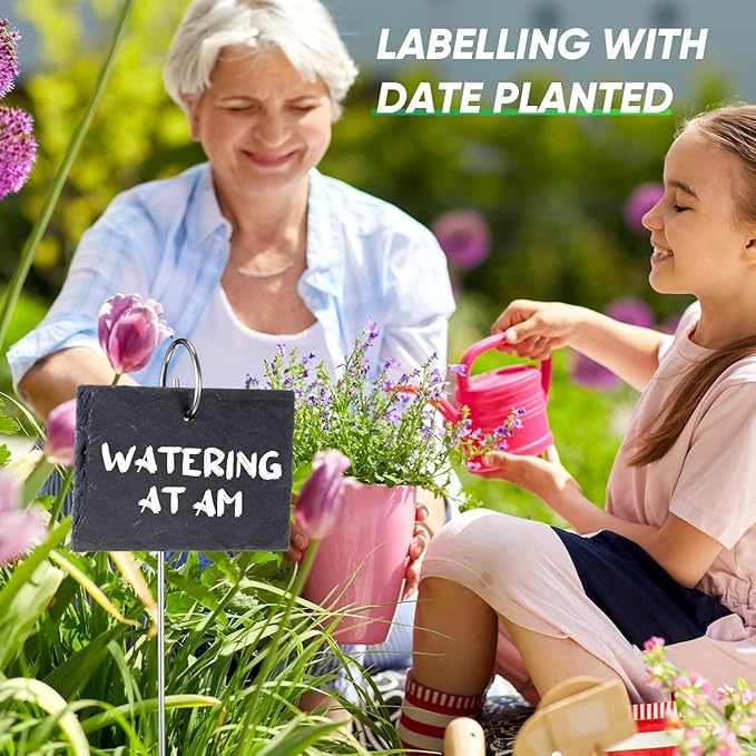 Leifide 24 Sets Plant Labels, Reusable Slate Plant Markers Natural Weatherproof Garden Signs Waterproof Hanging Slate Planter Tags with Metal Stakes and Stone Chalks for Vegetable Flower Pot