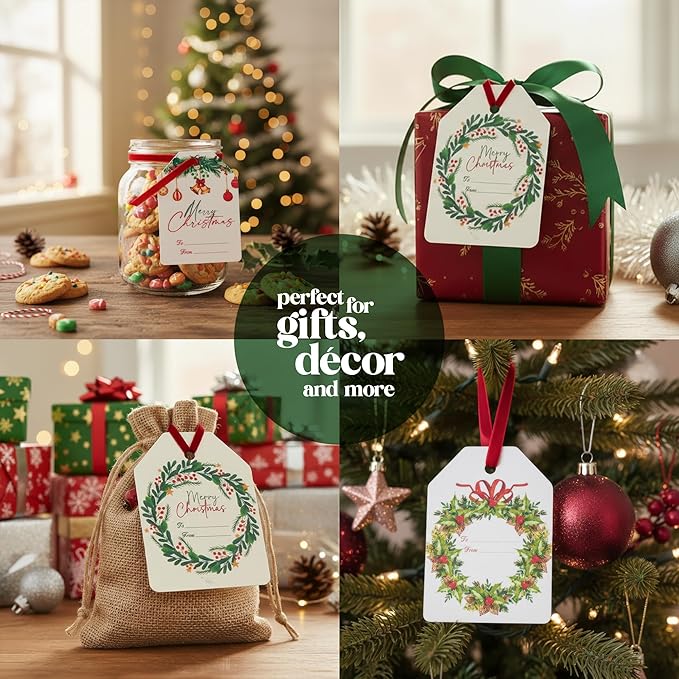 Christmas Plantable Gift Tags with Wildflower Seeds – Writable, Plantable Merry Christmas Tags, 4 Festive & Ornament Designs, Perfect for Holiday Gifts, Family & Friends (48 Tags (12 per Design)