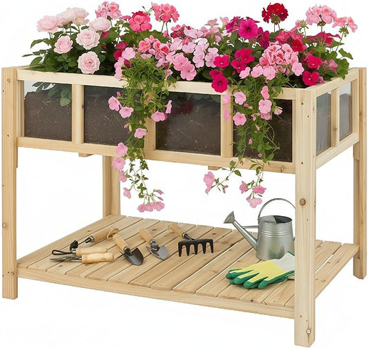 PetsCosset Raised Garden Bed with Legs, Elevated Planter Box Stand with Storage Shelf & Observation Panels for Backyard, Patio, Balcony, No Bending Design (Natural Wood)