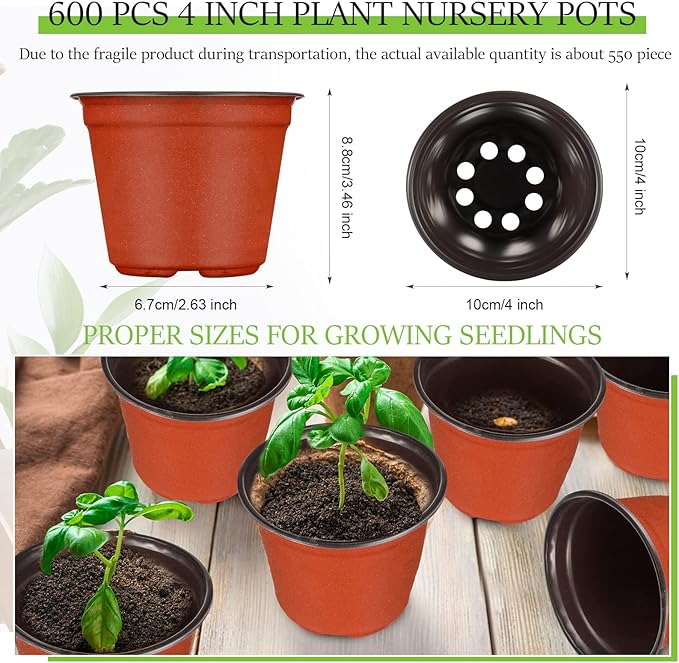 Nuanchu 600 Pcs 4 Inch Plant Nursery Pots, Small Seed Starting Pots, Seedling Plastic Plant with Drainage Holes, Outdoor Indoor Planting, Brick Red