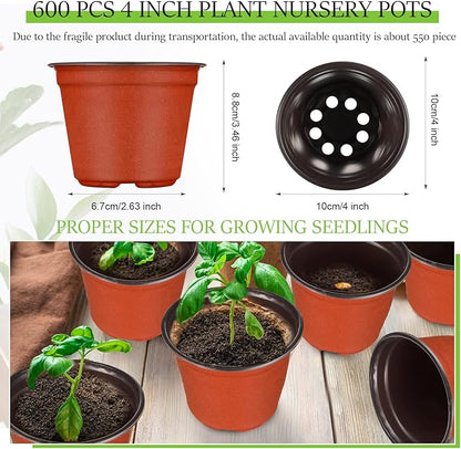 Nuanchu 600 Pcs 4 Inch Plant Nursery Pots, Small Seed Starting Pots, Seedling Plastic Plant with Drainage Holes, Outdoor Indoor Planting, Brick Red