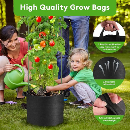 3 Pack Tomato Cage with 10 Gallon Grow Bags, 48" Height Adjustable Tomato Trellis with 65Ft Twist Tie, Heavy Duty Tomato Cages for Garden Flowers Vegetables Climbing Plants
