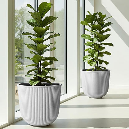 WORTH Garden Round Large Planter Pot Set of 2-17.5" Dia x 15.5" H - Durable Plastic White Plant Tree Pots with Vertical Stripe Textured Finish, Drainage Hole for Indoor, Outdoor, Front Porch, Patio