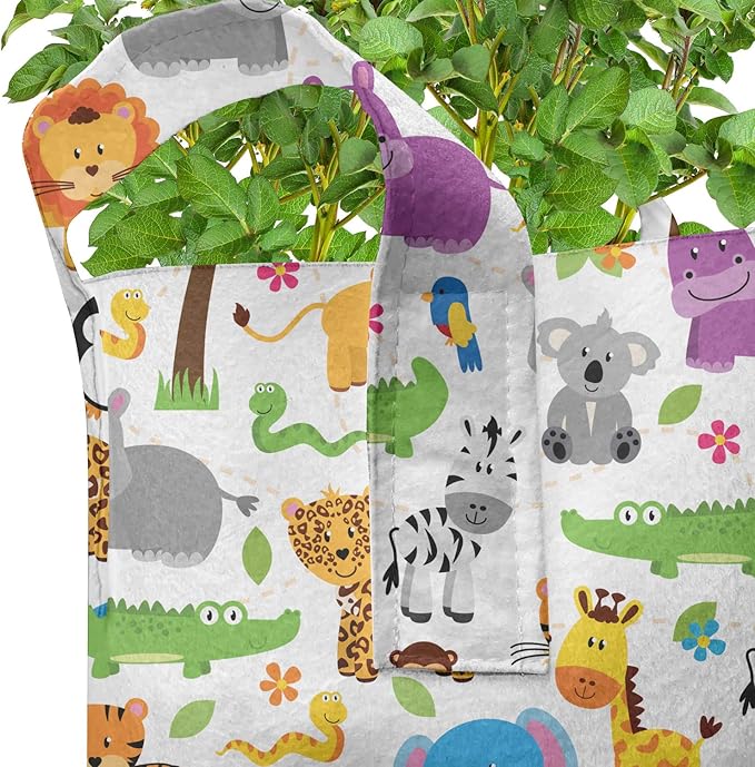 Lunarable Animals Grow Bags 5-Pack, Jungle and Zoo, Heavyduty Fabric Pots with Handles for Plants, Grey Purple