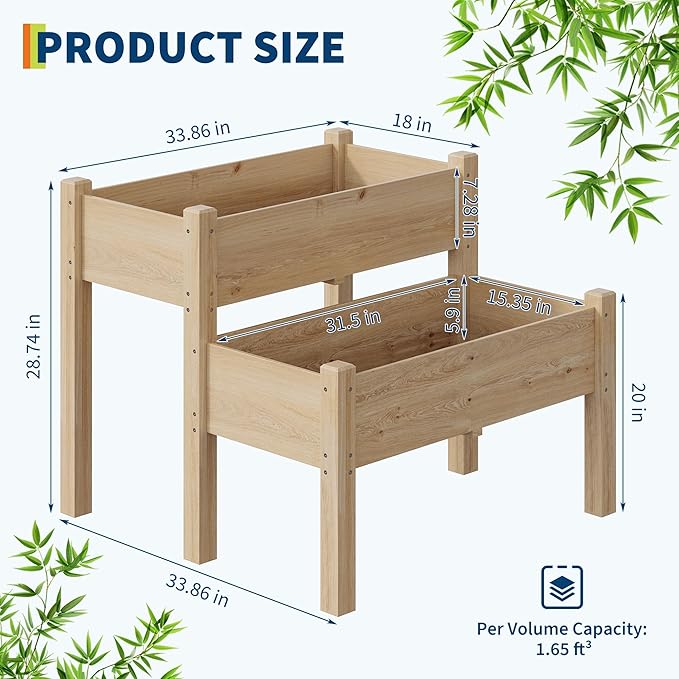 GarveeLife 34x34x29inches Two-Tier Wooden Raised Garden Bed with Legs, Large Elevated Outdoor Planter Box with 8 Drainage Holes, 352 Lbs Capacity for Vegetables, Herbs, Flowers, Backyard, Patio