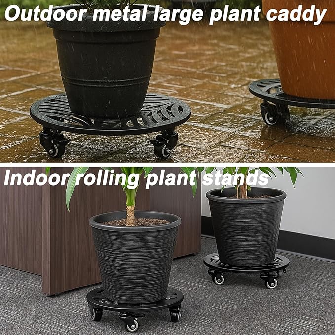 2 Pack 15 inches Extra-Large Metal Plant Caddy with Wheels Heavy-Duty Iron Rolling Plant Stand with Casters Indoor Outdoor Wheeled Plant Roller Base Pot Movers Plant Dolly Coaster Trolley Black