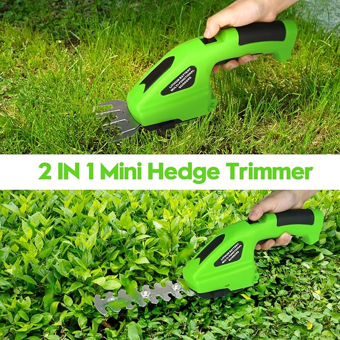 2 in 1 Handheld Hedge Trimmer & Cordless Grass Shear, 7.2V Electric Grass Trimmer Shrubbery Trimmer, Battery Bush Trimmer Hedge Shears/Grass Cutter Garden Tool for Lawn, Yard