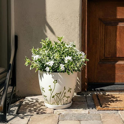 Ceramic Pot for Plants 10 Inch - Indoor Planter for Plants with Drainage Hole and Saucer, Decorative Boho Round Planter, Gardening Gifts for Women Men, Office Home Garden Decor, White