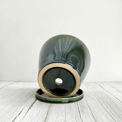 Glazed Gradient Color Ceramic Planter with Drainage Hole & Saucer for Indoor Tropical Plants, Green Reactive Glaze Plant Pot (Emerald Green, 8")