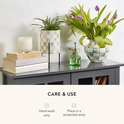 MACKENZIE-CHILDS Tabletop Ceramic Planter with Stand, Decorative Pot for Indoor Plants, Gray-and-White Sterling Check