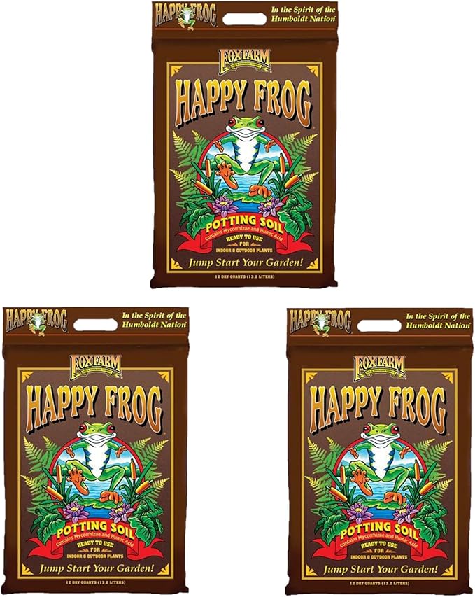 FoxFarm Happy Frog Potting Soil - Ready-to-Use Amended Container Blend with Soil Microbes, Earthworm Castings, Bat Guano, and Aged Forest Products for Indoor & Outdoor Plants - 12 Quart (Pack of 3)
