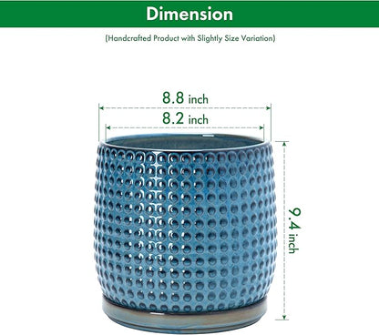 D'vine Dev 8 Inch Ceramic Beaded Stoneware Planter Pot - Flower Pot with Drainage Holes and Saucers for Indoor Succulent Plants or Flowers, Ocean Teal, 27-C-Q-8