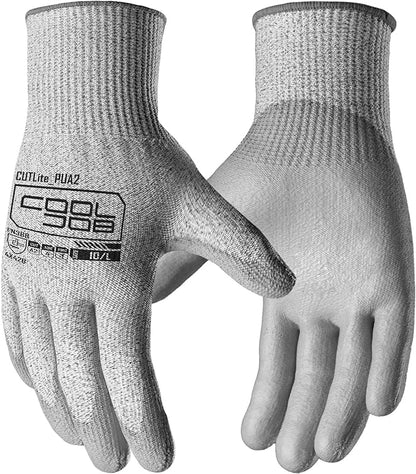 COOLJOB 12/120 Pairs Cut Resistant Safety Work Gloves with Grip, 13 Gauge Seamless Shell with PU Coating, ANSI A2 A4 A6, Gray