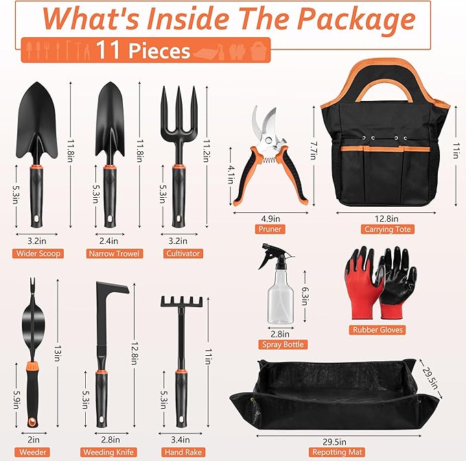 HaSteeL Garden Tools Set, 11 Pcs Gardening Supplies Hand Tool Kit for Women Men Gardeners, Include Tote Bag, Reportting Mat, Transplant Trowel, Rake, Pruner for Outdoors