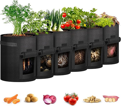 iPower Potato Grow Bags with Flap 10 Gallon 6 Pack, Garden Planting Pot with Durable Handle and Harvest Window, Thickened Nonwoven Fabric Container for Potato, Tomato, Carrot, Vegetable and Fruits