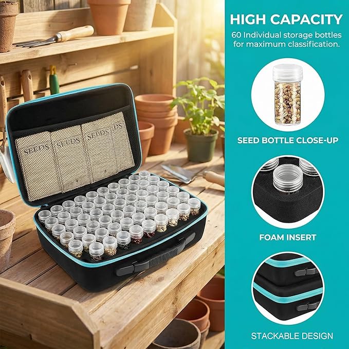 60 Slots Seed Storage Organizer with 10 Seed Envelopes,Sturdy Seeds Saving Storage Box with Zipper Bag Label Stickers(Seeds not Included), Seed Storage Container for Flower Plants Garden (60 Slots)