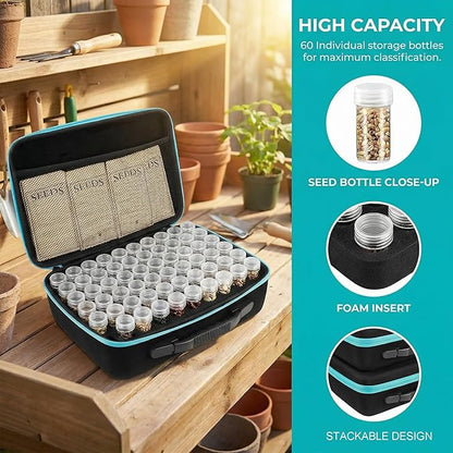 60 Slots Seed Storage Organizer with 10 Seed Envelopes,Sturdy Seeds Saving Storage Box with Zipper Bag Label Stickers(Seeds not Included), Seed Storage Container for Flower Plants Garden (60 Slots)