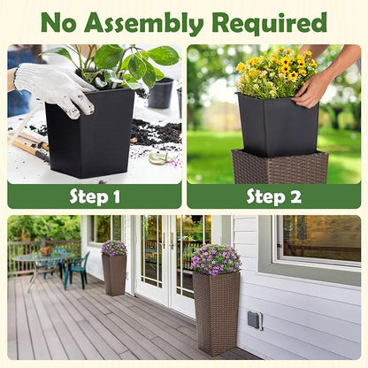Idzo All Weather Wicker Planters for Outdoor Plants Set of 2, 24 inch Tall Planter for Front Porch, Patio, Balcony, Indoor Usage - Square Rattan Flower Pots, Mocha
