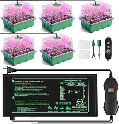 YAUNGEL Seed Starter Tray with Grow Light, Heat Mat with Thermostat, 5 Pack Seed Starter Kit with Timing Controller Adjustable Brightness, Thicken Seedling Starter Trays with Humidity Domes