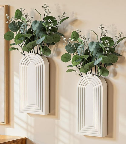 DREAMLOOM 2 Pack Wooden Wall Vases with Fake Plants, Wall Hanging Planters Boho Modern Farmhouse Indoor for Narrow Spaces Entryway Bathroom Home Office Decoration, White
