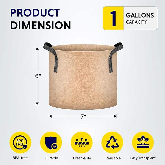 iPower 5-Pack 1 Gallon Plant Grow Bags Thickened Nonwoven Aeration Fabric Pots Heavy Duty Durable Container, Strap Handles for Garden, Tan