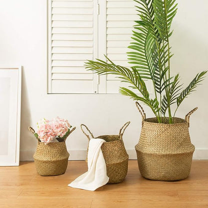 Seagrass Belly Basket, Set of 2 Woven Plant Pot Holder Handmade Home Decor for Storage Plants Picnic Grocery Large(12.6 x 11.02 inch)