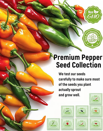 8 Varieties Hot Pepper Seeds for Planting - 1600+ Heirloom Non-GMO USA Sourced Seeds - Ghost, Jalapeño, Serrano, Cayenne, Poblano, Thai & More- High Germination Spicy Pepper Garden