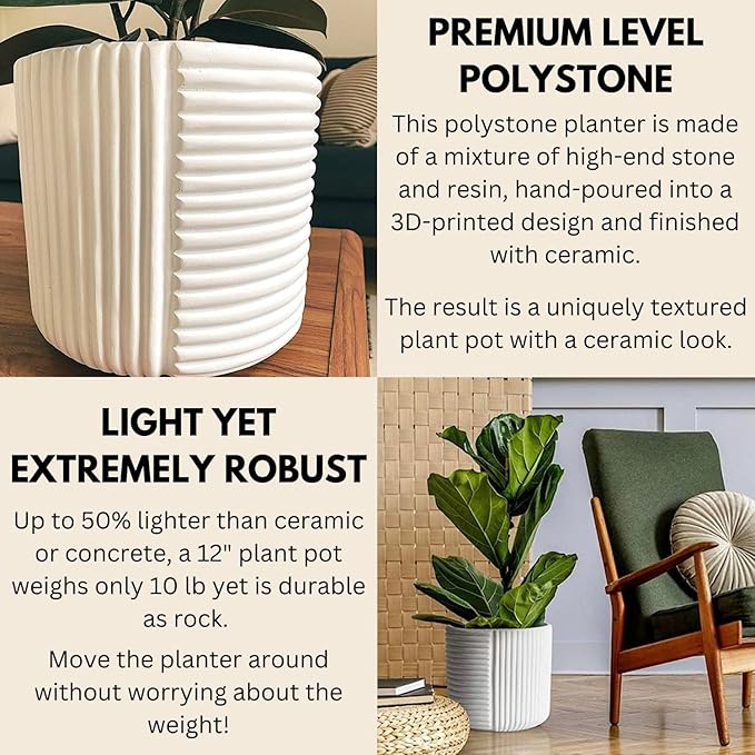 Fox & Fern Large 12 Inch Planter with Drainage Plug — Premium Polystone White Plant Pot - Modern Planter with 3D Texture and Ceramic Finish - 12 Inch Pots for Plants Indoor & Outdoor