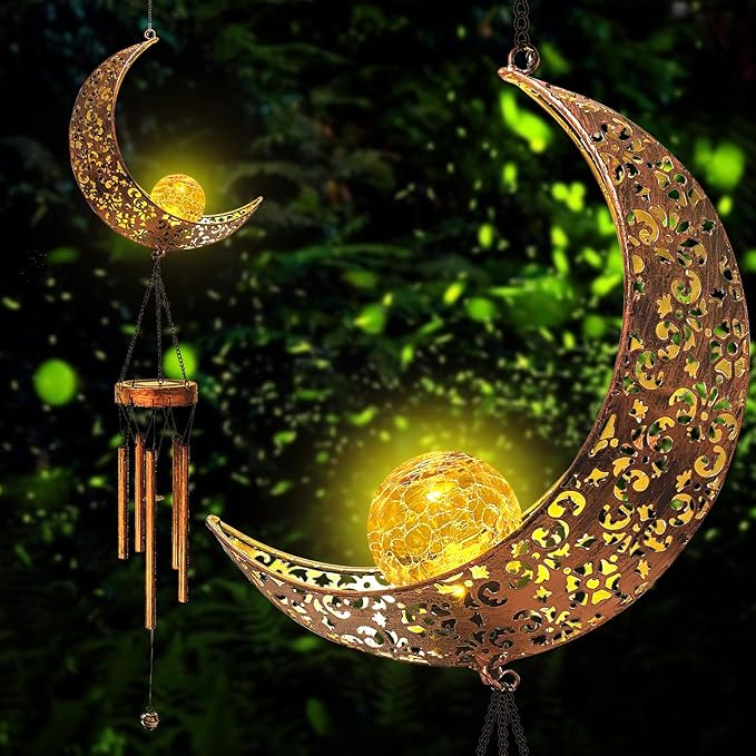 Solar Moon Wind Chimes Outdoor, Waterproof Moon Wind Bells Light Clearance for Outside, Unique Gifts for Mother's Day, Children's Day, Birthday, Mom, Women, Decor for Garden, Yard, Party