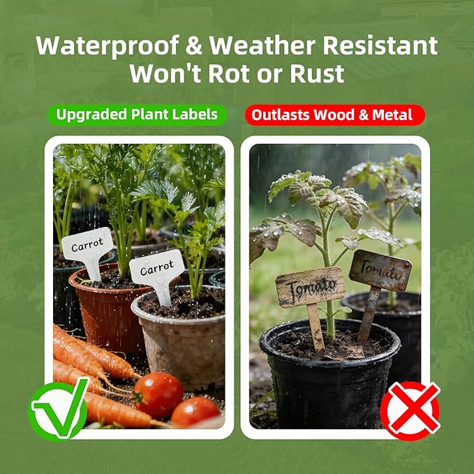 100 Pcs 4" Plant Labels with Marker Pen, Waterproof T-Type Garden Tags for Seeds, Flowers, Vegetable Seedlings, Plastic Nursery Markers for Outdoor & Indoor Gardening Organization
