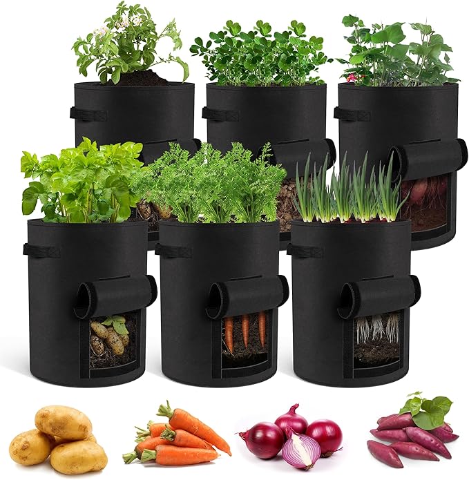 6-Pack 15 Gallon Potato Grow Bags – Durable Nonwoven Fabric Planters with Reinforced Handles | Reusable Garden Containers for Potatoes, Vegetables (Black, 15 Gallons/6 Pack)