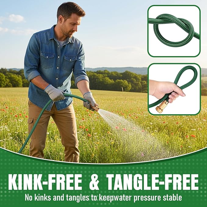 Garden Hose 75 ft NON-EXPANDABLE Water Hose, Flexible & Lightweight Kink Resistant Hybrid Hose, Leak-Proof Heavy Duty, Super Durable Fabric with 3/4" Solid Brass Connectors