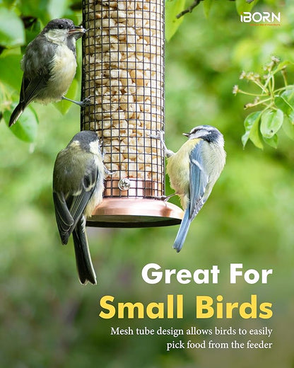 iBorn Metal Peanut Bird Feeders for Outdoors - 14" Peanut & Sunflower Seed Feeder, Hanging Metal Mesh Mixed Seed Bird Feeder with Easy-Clean Design for Woodpeckers, Jays, Titmice,Copper