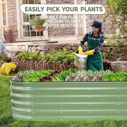 Galvanized Raised Garden Bed - 8x2x1.4FT Metal Planter Boxes Outdoor | Oval Steel Raised Bed Kit for Gardening with Protective Tape, Bracing Rods, Gloves for Vegetables, Flower, Herb (Green)