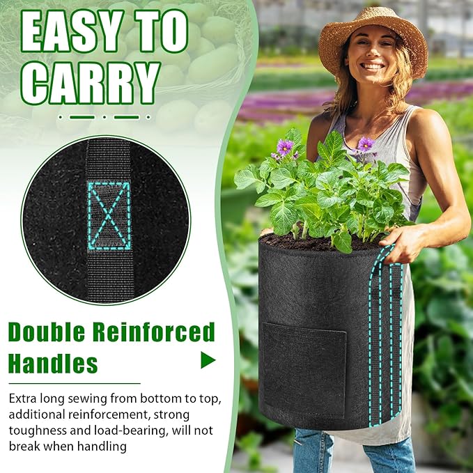 MJZ 5 Pack 10 Gallon Potato Grow Bags with Harvest Observation Windows, 380G Thickened Potato Bags for Growing Potatoes, Heavy Duty Nonwoven Fabric Garden Growing Containers to Grow Vegetable Tomatoes