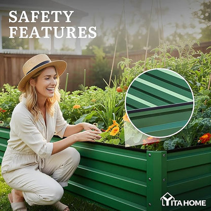YITAHOME 4pcs 12x4x1 ft Galvanized Raised Garden Bed Kit, Large Metal Planter Box with Gloves, Safety Rubber & Support Rod, Outdoor Flower Bed for Plants Vegetables, Green
