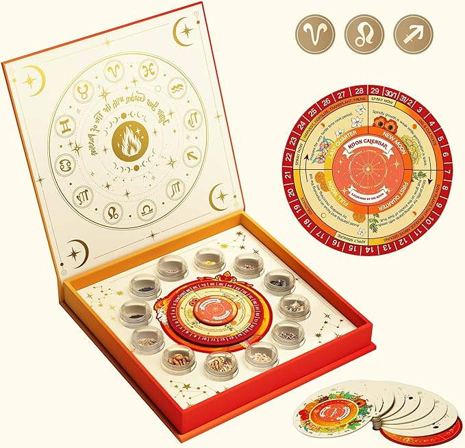 Lush&Dew Zodiac Garden Seed Bank, Gardening Gifts for Women Men, 12 Varieties Non-GMO Heirloom Vegetables Flower Seeds, Witchcraft Supplies with Moon Calendar for Fire Signs, USDA Zone 3-11