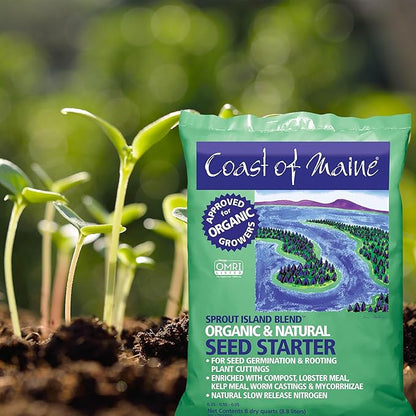 Coast of Maine Organic & Natural Sprout Island Blend Seed Starter - Seed Germination & Root Plant Cuttings w/ Composted Manure, Mycorrhizae, Worm Castings & Kelp - Enhanced Drainage (8 Qt)