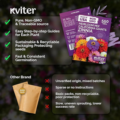 KVITER 550 California Giant Zinnia Seeds for 2026 (Zinnia Elegans) – Heirloom & Non GMO Double Blooms, Pollinator Magnet – Ideal Flower Seeds for Planting in Garden, Containers, Cutting Beds