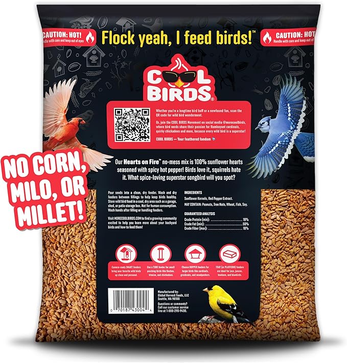 Hearts on Fire Hot Bird Seed – 10 lb. 100% Hulled Sunflower Hearts with Chili Pepper Oil – No Waste Bird Seed for Outside Feeders