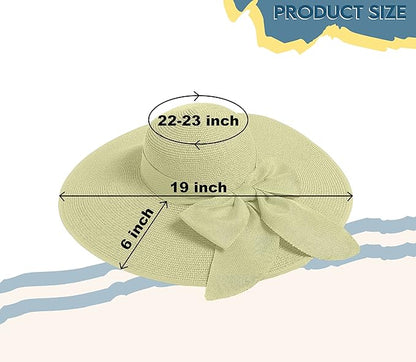 Women's Wide Brim UPF 50+ Straw Sun Hat with Bow - Foldable Packable Summer Beach Hat with Chin Strap