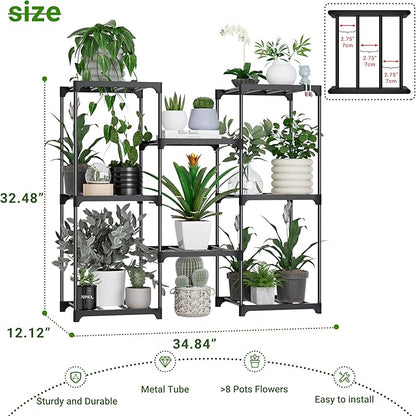 Plant Stand Indoor Outdoor Plant Shelf Stand, 3 Tiers 8 Pots Large Potted Metal Flower Plant Rack for Multiple Plants, Hanging Tall Planter Holder for Patio Balcony Living Room Corner Porch Garden Boho Decor Black